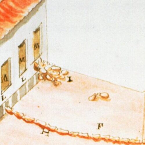 Estampa perteneciente a la memoria de Antoine de Jussieu. Horno de aludeles y enseres para la destilación del mercurio utilizados en las minas de Almadén.