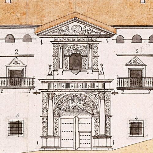 Dos planos de la fachada de la Casa de la Moneda de Potosí: "Estado en que se halló el frente de la Casa de la Moneda de Potosí por el mes de septiembre de 1770..." (mitad superior), y el "Estado en que pudo dejar de perfección el frente de la Cassa arriva expresado el Superintendente Don Pedro Tagle, finalisando con lo más de la obra interior por el mes de abril de 1772" (mitad inferior). (Plaza del Gato)