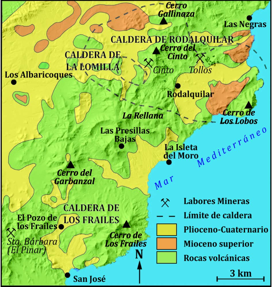 Figura 3. Mapa del distrito minero de Rodalquilar con sus calderas y la geología básica (Imagen modificada por Rodolfo Caparrós a partir de IGME, 1993).