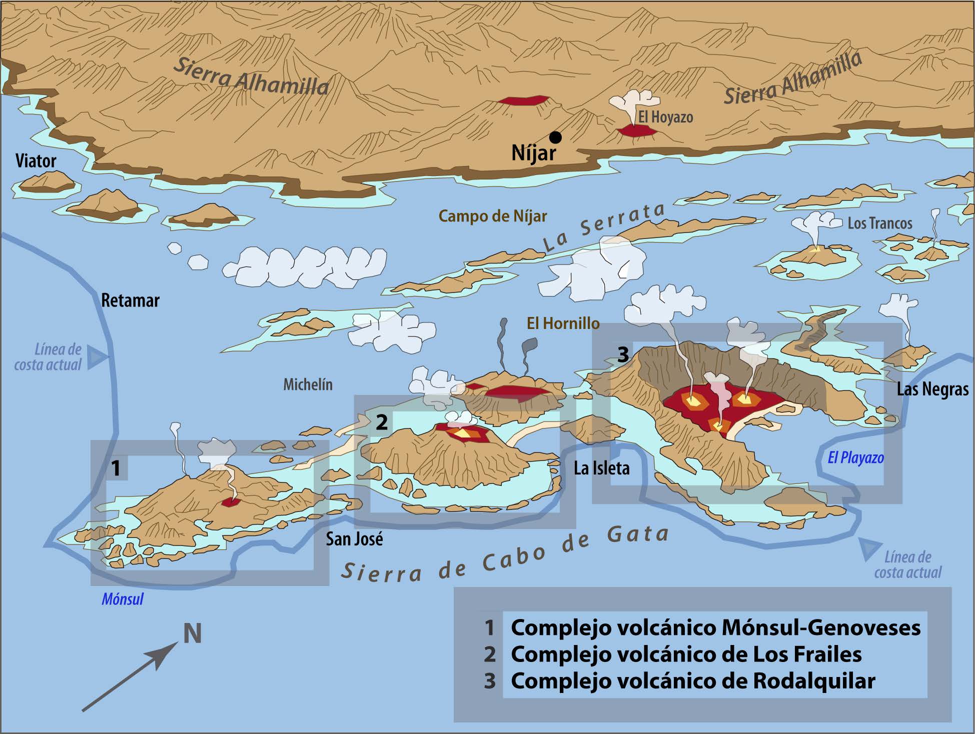 Figura 5. Paleogeografía idealizada del Sureste de la actual provincia de Almería, hace alrededor de unos 8 millones de años (imagen modificada e interpretada por Francisco Hernández).