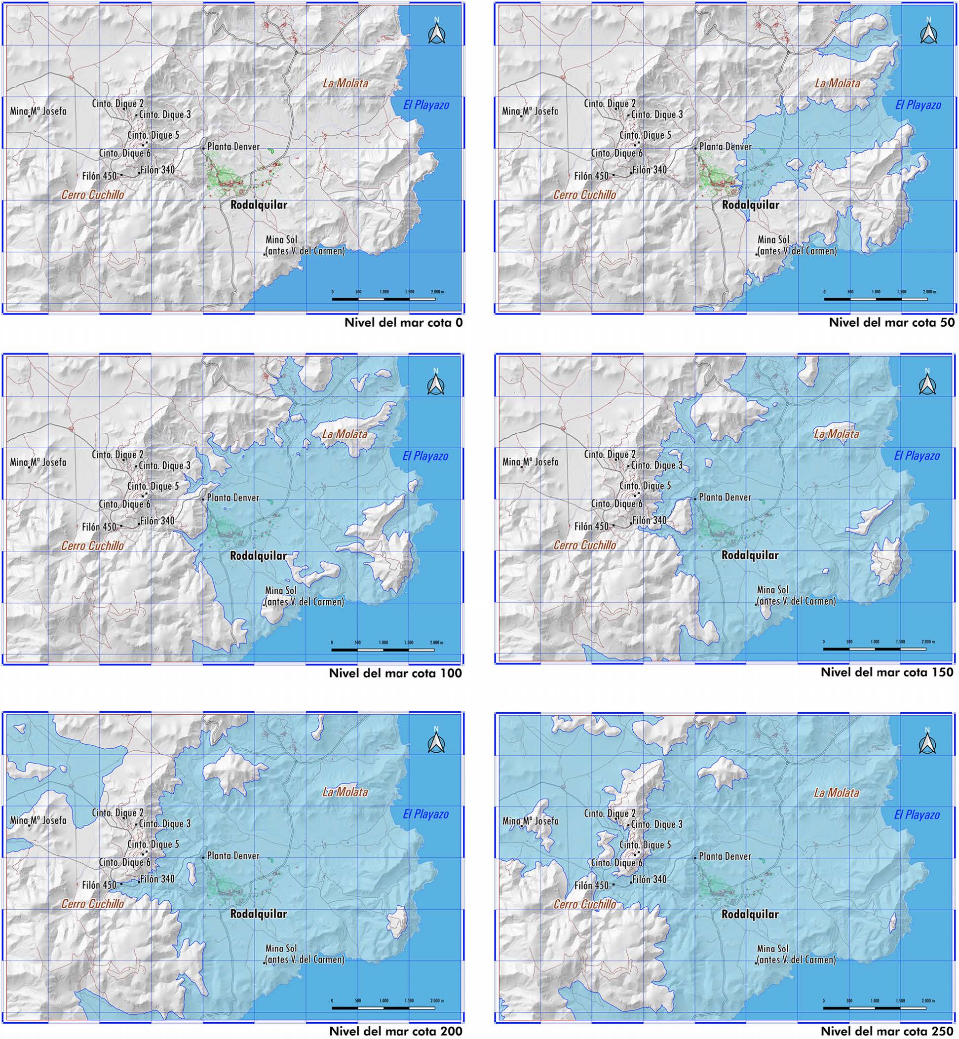 Figura 6. Modelización de la paleogeografía de la caldera del Rodalquilar en función del nivel del mar en intervalos de 50 en 50 metros (imagen generada por Rodolfo Caparrós). Los datos disponibles y los depósitos de carbonatos marinos del área apuntan a una altura máxima del nivel del mar de alrededor de 250 metros.