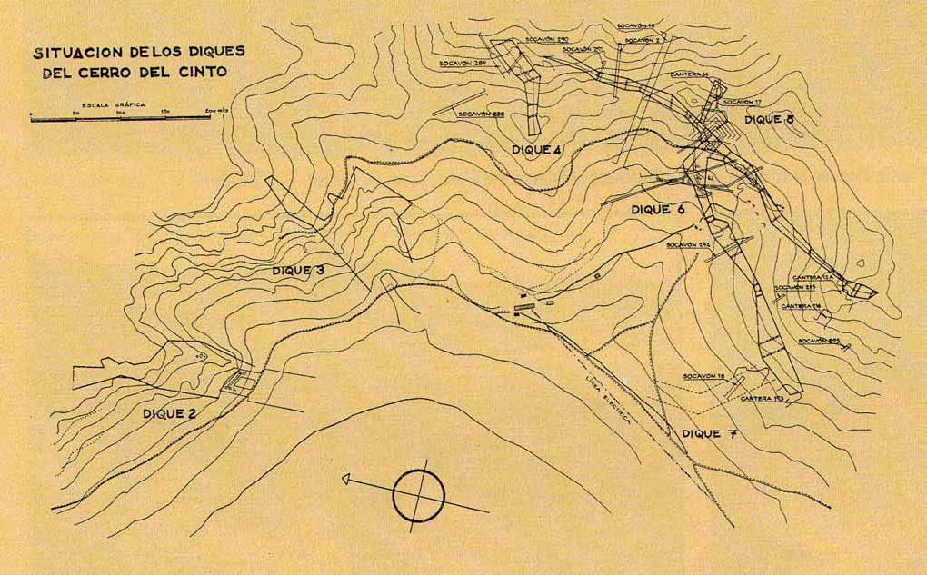 Figura 10. Distribución de los diques auríferos explotados por la Empresa Nacional Adaro en el cerro del Cinto (INI & ENADIMSA. 1956).