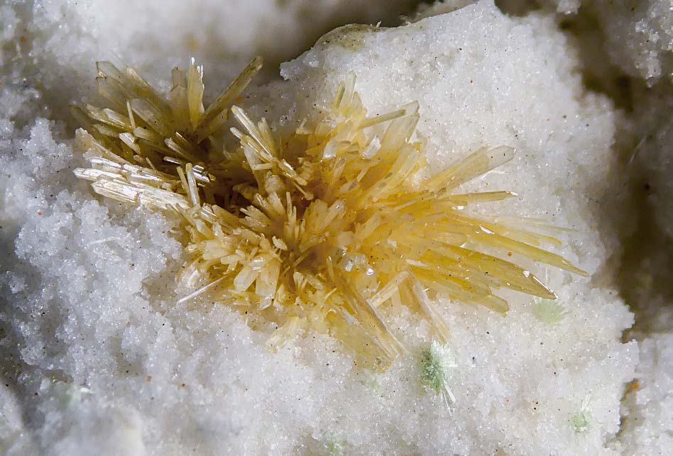 Figura 20. Grupo de cristales de paratelurita, 4 mm, una de las mejores piezas recuperadas en el Dique 2 para este mineral. Colección Ignacio Gaspar, foto Borja Sainz de Baranda.