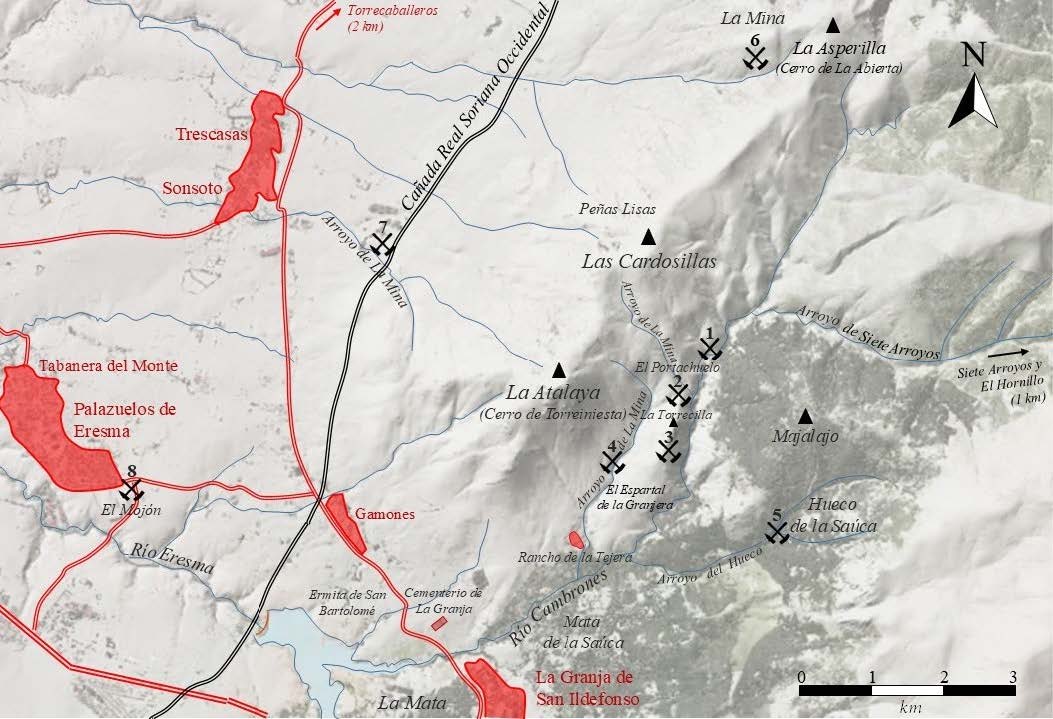 Figura 1. Mapa de situación de las principales labores mineras de la zona. 1. Galería de la mina “La Pastora” (Trescasas); 2. Calicatas en dirección de El Portachuelo (Palazuelos de Eresma); 3. Pozo de La Torrecilla (Palazuelos de Eresma); 4. Escombreras y pozos del arroyo de La Mina (Palazuelos de Eresma); 5. Pozo del arroyo del Hueco (Palazuelos de Eresma); 6. Labores del cerro de La Abierta y del paraje de La Mina (Torrecaballeros); 7. Pozo cegado del arroyo de La Mina (Trescasas); 8. Pozo del cerro de El Mojón (Palazuelos de Eresma).