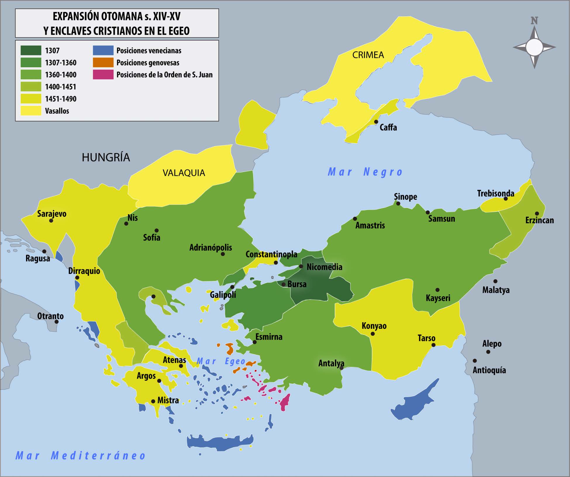 Figura 1. Mapa de la expansión otomana a lo largo de los siglos XIV y XV (elaboración propia).