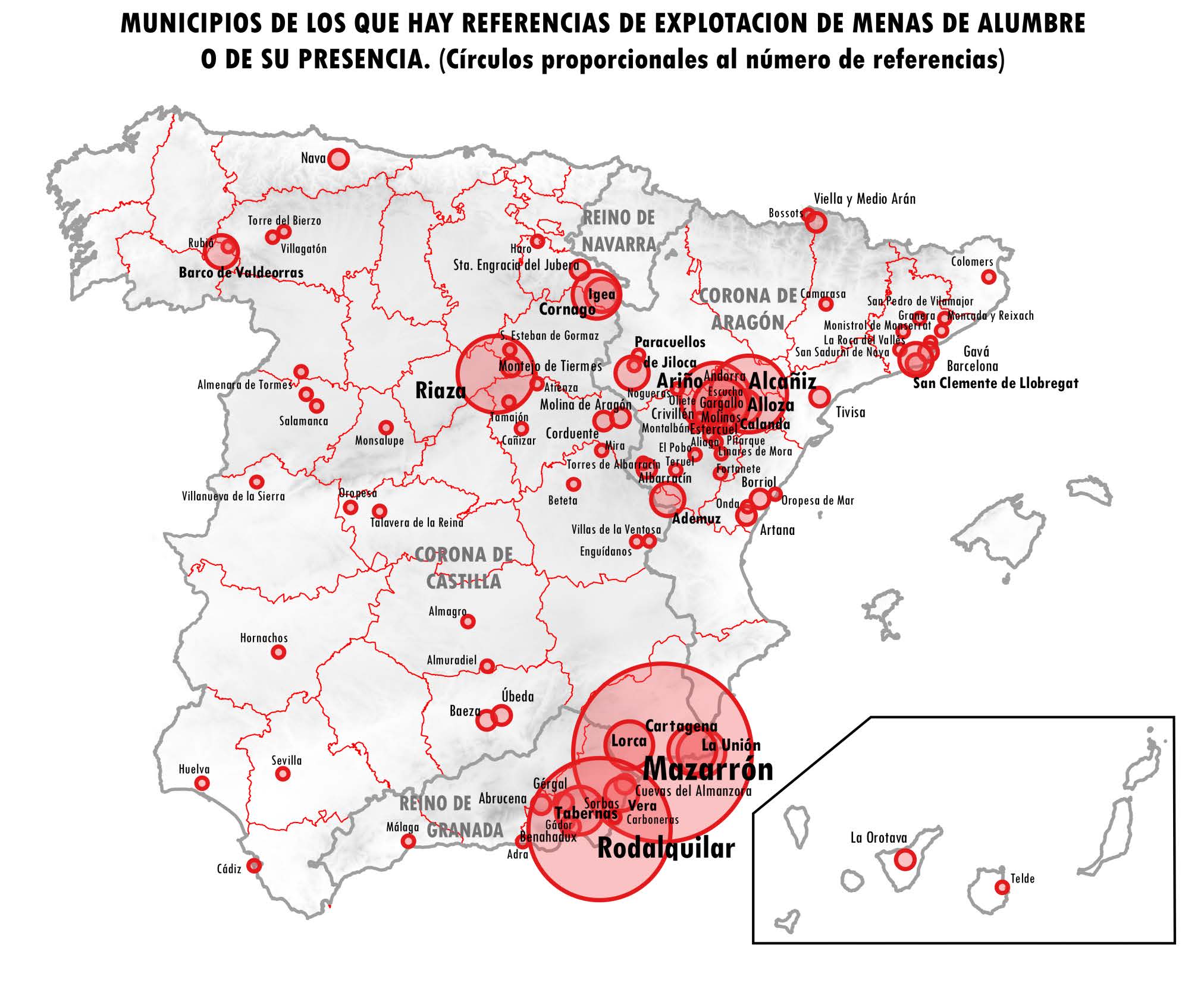 Figura 2. Lugares de España en donde hay referencias de fabricación de alumbre o de existencia de menas de alumbre susceptibles de ser utilizadas para fabricar alumbre (Hernández Ortiz, F. 2024a).