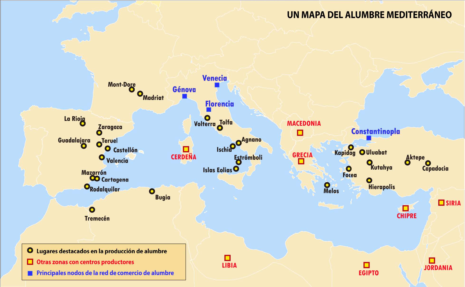 Figura 3. Mapa del alumbre en el marco del Mediterráneo (elaboración propia).