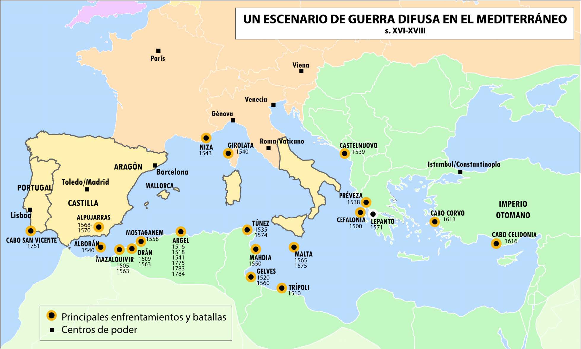 Figura 4. Mapa que recoge diferentes actores y eventos de la guerra difusa que se desarrolló en el Mediterráneo entre el imperio otomano (áreas de tonos verdes) y los diferentes reinos europeos cristianos (tonos marrones) (Caparrós Lorenzo, R. 2024).