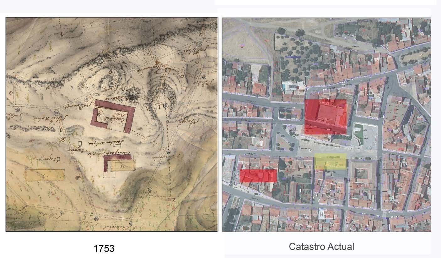 Figura 9. Datos de 1753; en rojo edificios desaparecidos en la actualidad, al SW.” Zisterna para el agua que se ha de beber”, en el centro “Casas del Superintendente” en amarillo edificios existentes en la actualidad transformados y que fueron “Casas Provisionales.”