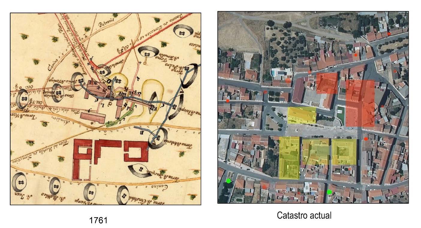 Figura 10. Datos acumulados en 1761; Los puntos en rojo son pozos o tornos de la mina desaparecidos en la actualidad. Los dos grandes polígonos en rojo corresponden al área de los grandes socavones o “Hurtos” que daban acceso a pozos o galerías de la Mina Vieja. El más oriental se corresponde con el llamado entonces” Torno Grande de los Alemanes”, el occidental fue el de “La caña que rompió el Torno del Barranco”. En color verde se señalan los pozos o tornos antiguos que aún existen, aunque transformados. El más oriental corresponde al conocido Pozo del Torno, que en el siglo XVIII recibía el nombre de “Torno de San Juan”. Fue demolido en la década de 2000 y posteriormente reconstruido en su totalidad siguiendo la imagen del original. El otro, denominado “Pozo de San Cristóbal”, se encuentra parcialmente oculto en una esquina de la actual calle de la Soledad. En amarillo se destacan las estructuras edificadas entre 1753 y 1761, algunas de ellas levantadas sobre construcciones previas y que todavía se conservan, aunque con diversas transformaciones. Entre ellas se encuentran la Iglesia, el Hospital, las Casas del Superintendente y el conjunto conocido como “La Factoría”, que albergó en su momento cuadras, almacenes, herrerías y una posada.