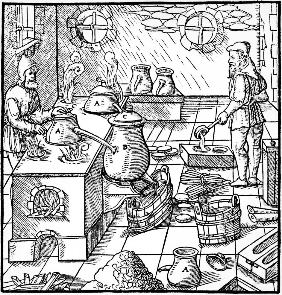 Figura 6. Ollas con picos y tapas, Libro XX, p. 466, Agricola. G, De Re Metallica, libri XII, Basiilea, Cum Privilegio Imperatoris in annos v. & Galliarum Regis ad fexennim 1657.