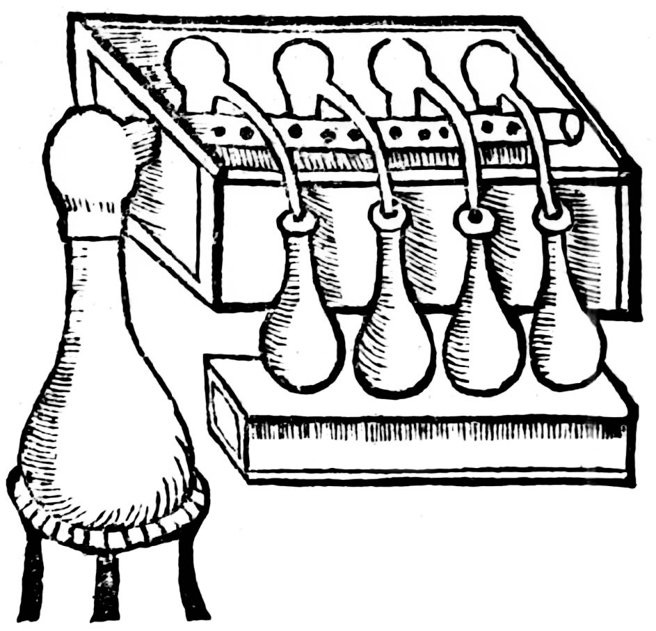 Figura 9. Destilación molde de madera, en Pérez Vargas, B. De re metallica, Madrid, Pierres Cosin, 1569, Libro octavo, p. 183.