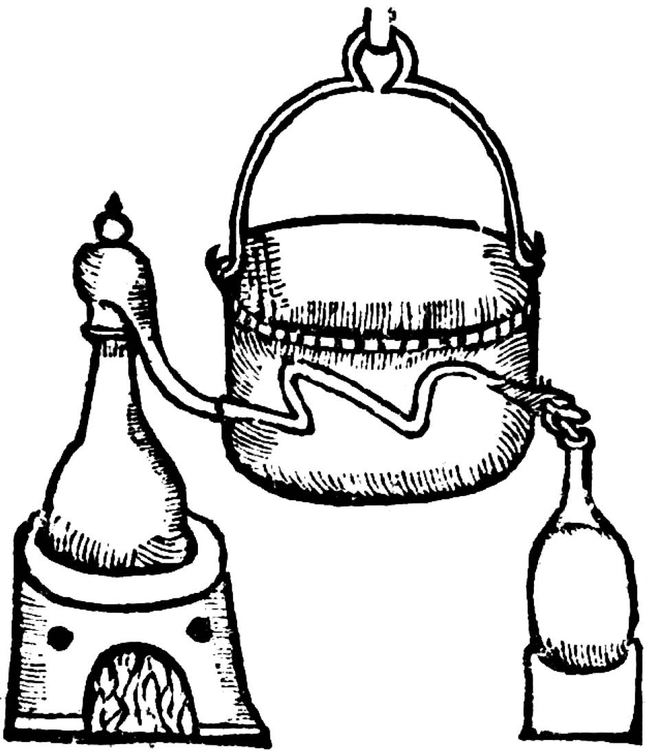 Figura 10. Destilación agua viva, aguardiente y destila vino, en Pérez Vargas, B. De re metallica, Madrid, Pierres Cosin, 1569, Libro octavo, p. 184.
