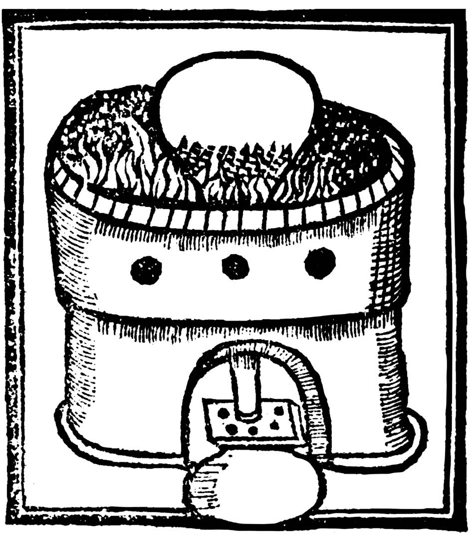 Figura 11. Destilación de aceite, en Pérez Vargas, B. De re metallica, Madrid, Pierres Cosin, 1569, Libro octavo, p. 189.