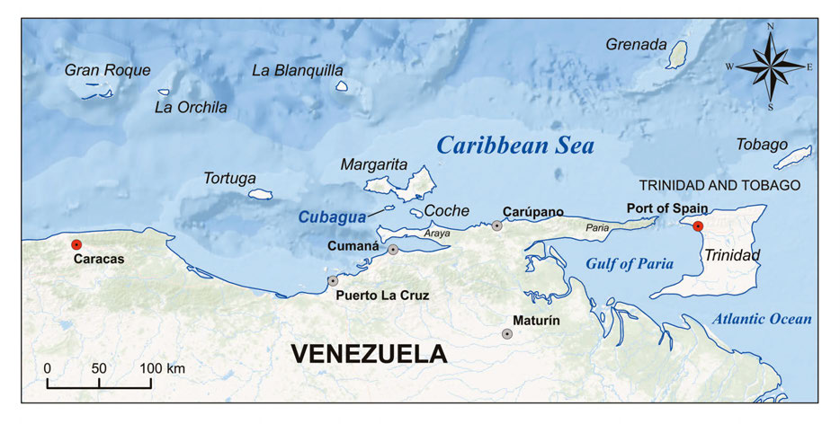 Figura 1. La pequeña isla de Cubagua está ubicada frente a la costa noreste de Venezuela, en el sur del mar Caribe, entre la isla de Margarita al norte y la península de Araya al sur. Figure 1. The small island of Cubagua is located off the northeastern coast of Venezuela, in the southern Caribbean Sea, between Margarita Island to the north and the Araya Peninsula to the south.
