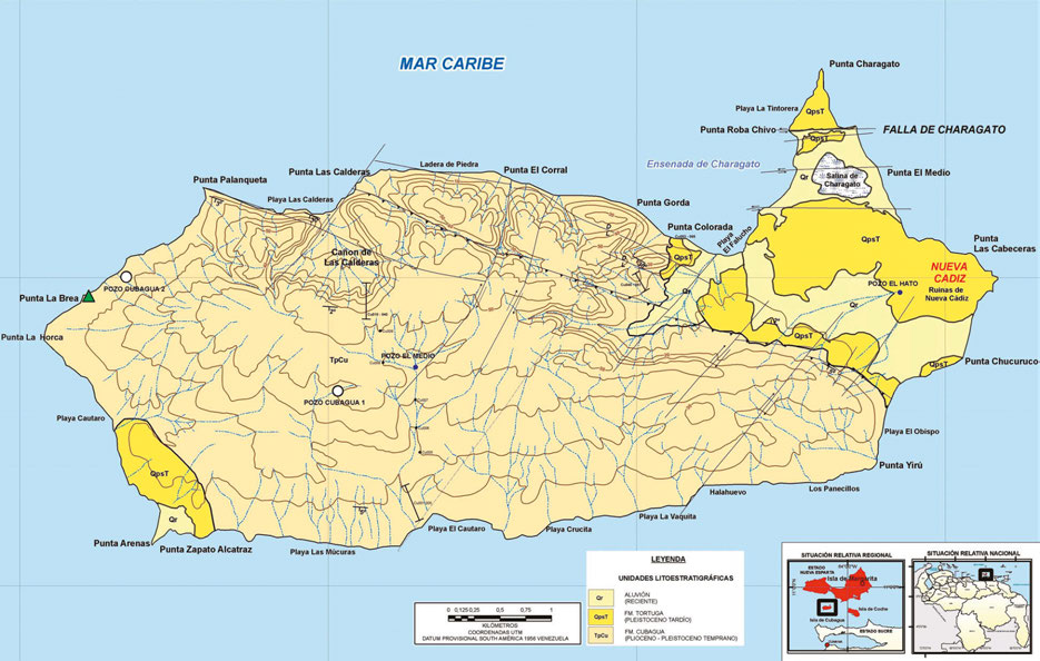 Figura 2. Mapa geológico de la isla de Cubagua. El rezumadero de petróleo se localiza en el extremo occidental de la isla, en la Punta La Brea, marcado por un triángulo verde. La ciudad de Nueva Cádiz se encontraba en el lado oriental de la isla. Entre 1939 y 1940 se perforaron dos pozos de exploración petrolera: Cubagua-1 y Cubagua-2 (círculos blancos). Ambos resultaron negativos. Mapa modificado de Kum y López (2007). Figure 2. Geological map of the Cubagua Island. The oil seep is located at the western tip of the island, at Punta La Brea, marked by a green triangle. The city of Nueva Cádiz was on the eastern side of the island. Two oil exploration wells were drilled in 1939-1940: Cubagua-1 and Cubagua-2 (white circles). Both resulted in dry holes. Map modified from Kum & López (2007).