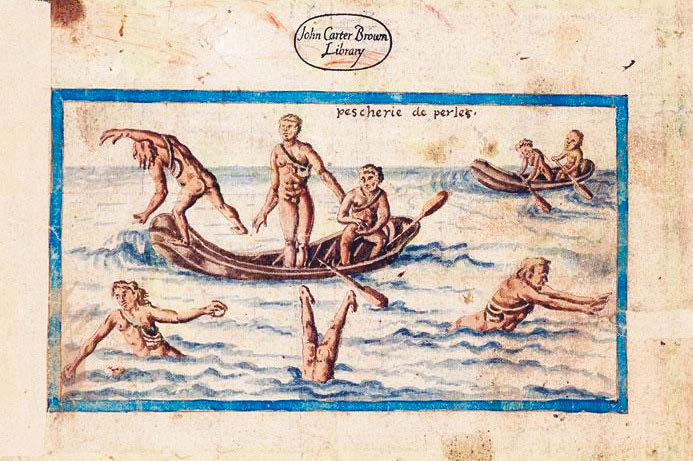 Figura 3. Ilustración en el “Brief discours des choses plus remarquables que Samuel Champlain de Brouage a reconnues aux Indes Occidentales “(1602?), donde se muestra a los nativos americanos y africanos obligados a bucear en la pesca de perlas . Fuente: John Carter Brown Library, Codex Fr 1, 04684 en Rodríguez-Velásquez (2024). Figure 3. Illustration in the « Brief discours des choses plus remarquables que Samuel Champlain de Brouage a reconnues aux Indes Occidentales » (1602?), showing Native Americans and Africans forced to dive for pearls fishing. Source: John Carter Brown Library, Codex Fr 1, 04684 from Rodríguez-Velásquez (2024).