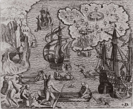 Figura 4. Grabado de la Isla de las Perlas (Cubagua) de Theodor de Bry (1528-1598) en Americae Pars Quarta (1594) de Girolamo Benzoni (1519-1570). Colección Biblioteca Nacional, Caracas (Cunill, 2007). Figure 4. Engraving of the Pearl Island (Cubagua) by Theodor de Bry (1528-1598) in Americae Pars Quarta (1594) by Girolamo Benzoni (1519-1570). National Library Collection, Caracas (Cunill, 2007).