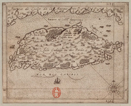 Figura 5. Mapa de la isla de Cubagua (o Isla de las Perlas) de André Thevet (ca. 1586). Biblioteca Nacional de Francia, París. Este pequeño enclave caribeño se convirtió en uno de los centros perleros más famosos de América, a pesar de que la sobrepesca indiscriminada agotó sus riquezas en apenas tres décadas. Figure 5. Map of the Cubagua Island (or Island of Pearls) by André Thevet (ca. 1586). National Library of France, Paris. This small Caribbean enclave became one of the most famous pearling centers of the Americas, even though indiscriminate overfishing depleted its resources in just three decades.