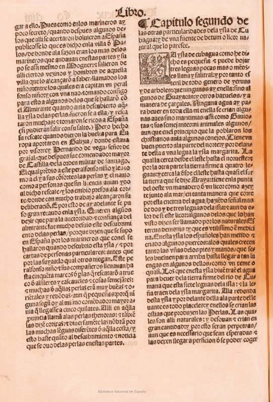 Figura 8. “Capítulo segundo. De las otras particularidades de la isla de Cubagua y de una fuente de betún o licor natural que lo parece” del Libro Diecinueve de la obra “La historia general de las Indias” de Gonzalo Fernández de Oviedo (1535). Figure 8. “Chapter Two. Of the other peculiarities of the island of Cubagua and of a source of bitumen or natural liquor that resembles it” from Book Nineteen of the work “The general history of the Indies” by Gonzalo Fernández de Oviedo (1535).