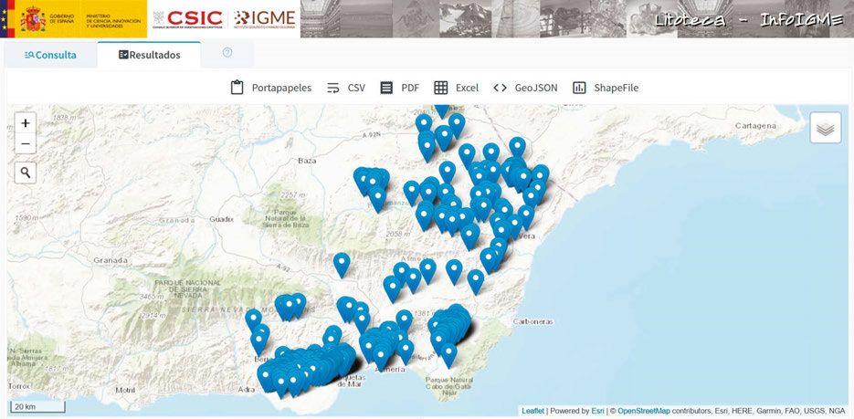 Figura 9. Visor web del IGME-CSIC. Sondeos de hidrogeología de la provincia de Almería que se encuentran catalogados en la Litoteca. Figure 9. IGME-CSIC web viewer. Hydrogeological soundings of the province of Almería that are cataloged in the Lithotheque.